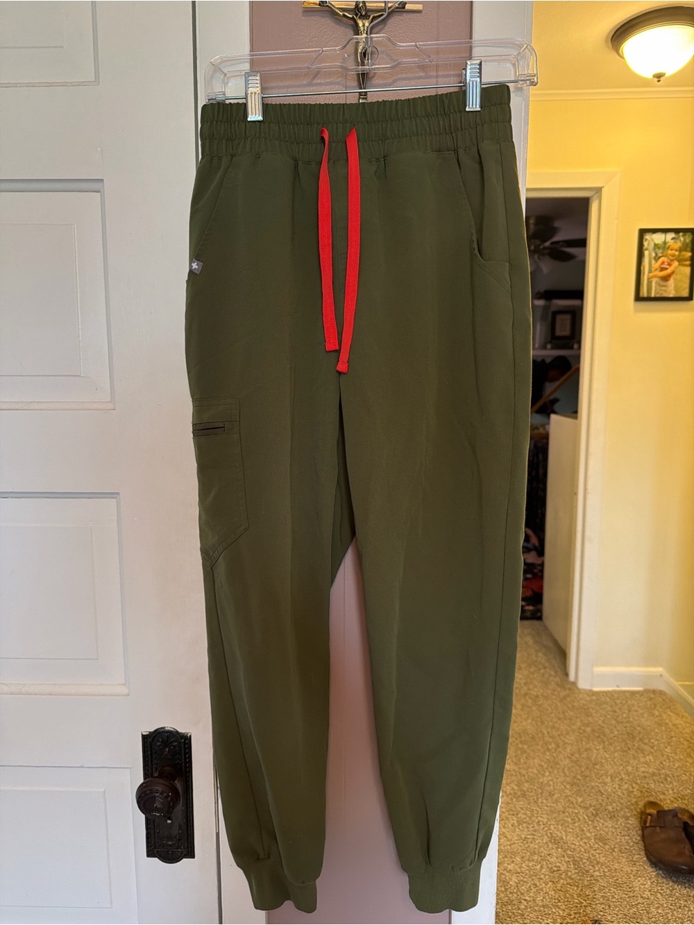 Women’s Olive Green Cargo Jogger Pants with Red Drawstring